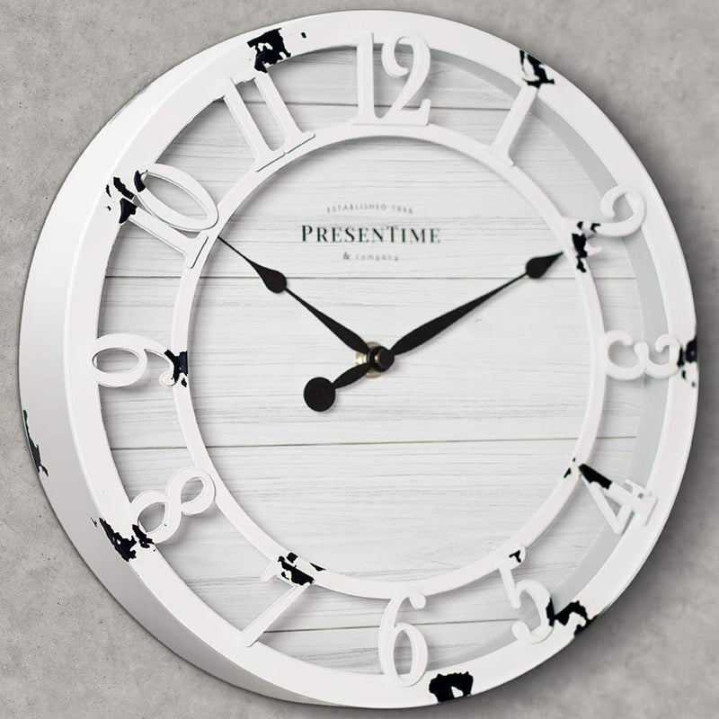 Presentime & Co 10" Farmhouse Series Wall Clock, Shiplap Style, Raised 3D Arabic Numeral, Antique Distressed White - Image 3